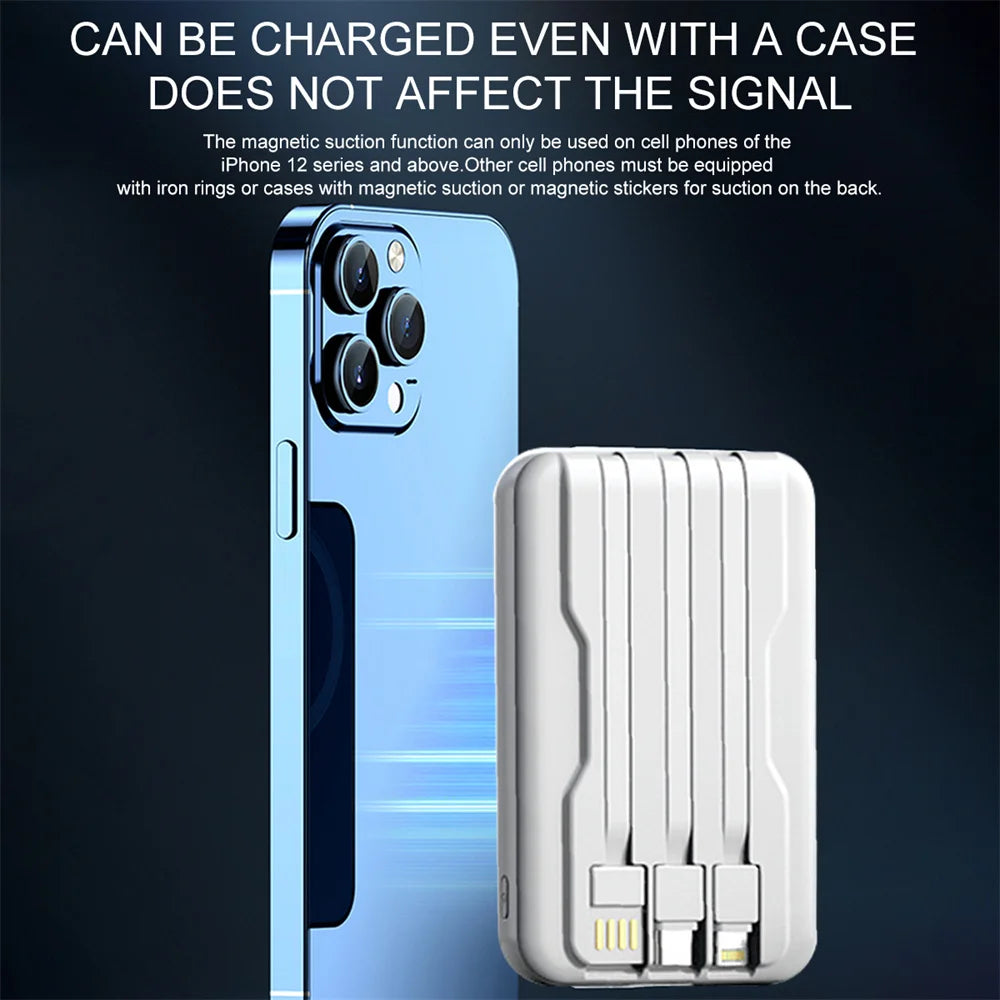 Magnetic Power Bank Portable Charger 10000mAh 15W Wireless Fast Charger Apple Android Universal Built-in Cable Mobile Power