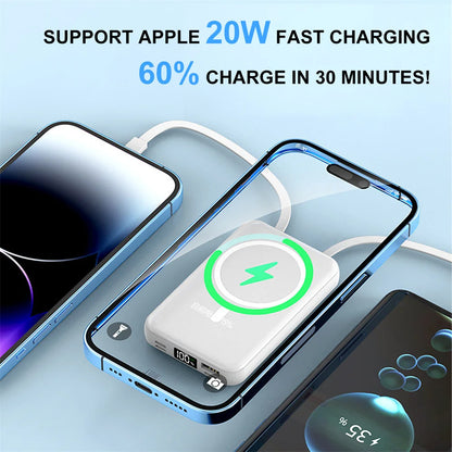 Magnetic Power Bank Portable Charger 10000mAh 15W Wireless Fast Charger Apple Android Universal Built-in Cable Mobile Power