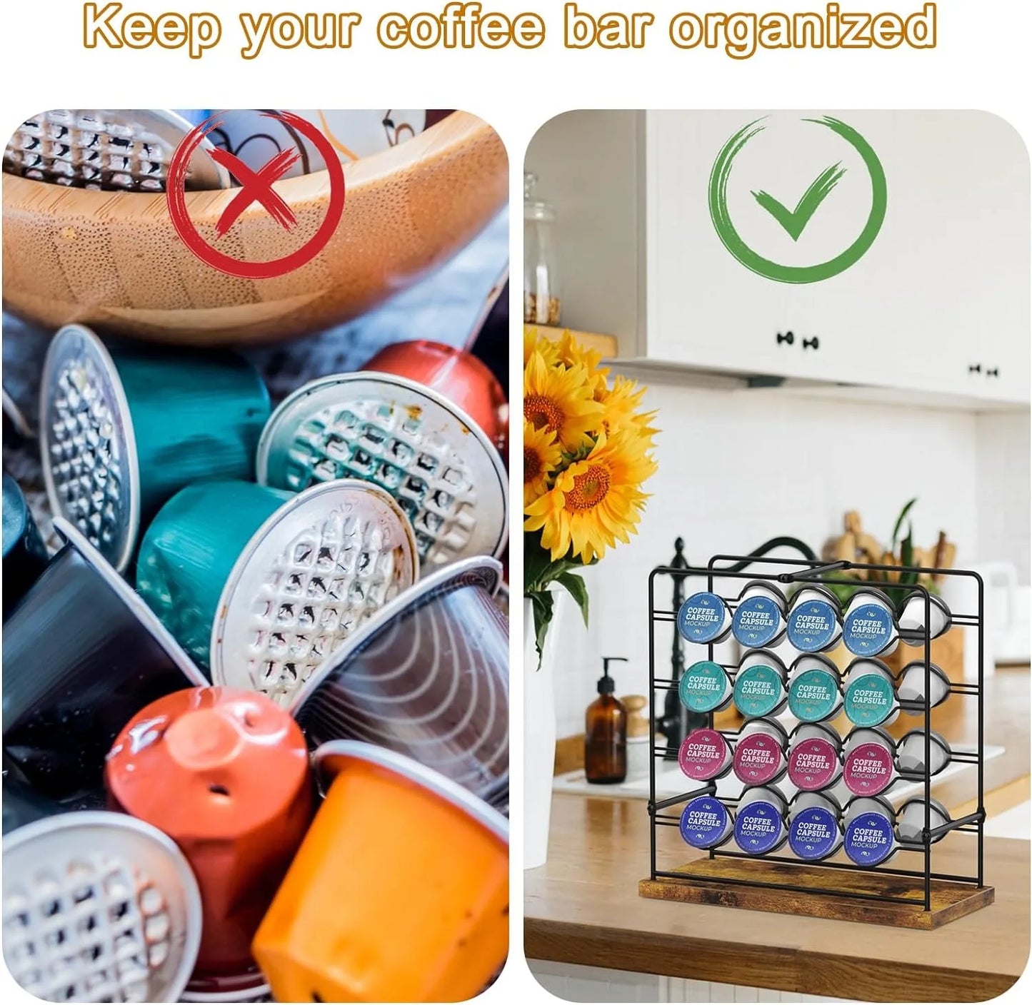 K Cup Holder Modern Coffee Pod Holder Stand Metal Coffee Pod Storage 32 k Cup Organizer Black Coffee Capsules Storage Rack